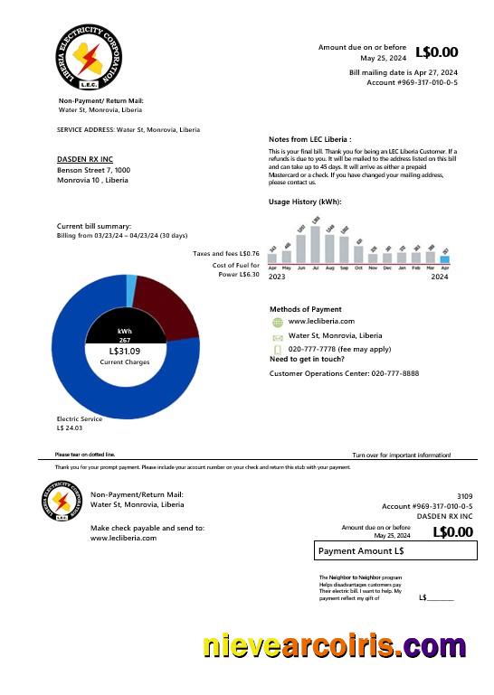 Liberia Electricity Corporation business utility bill